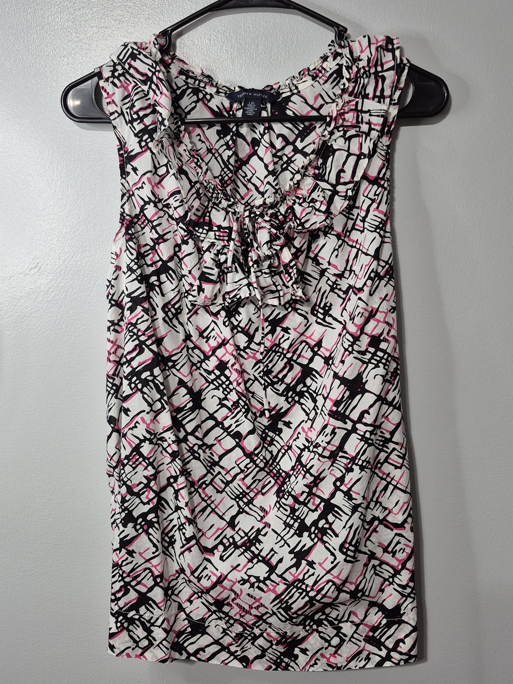 Tommy Hilfiger Ruffle Neck Sleeveless Blouse Black White Pink Size Large